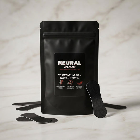 Black package of Neural Pump nasal strips on a marble surface