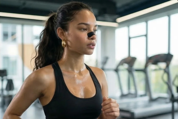 Female athlete wearing Neural Pump nasal strip while running on treadmill in gym