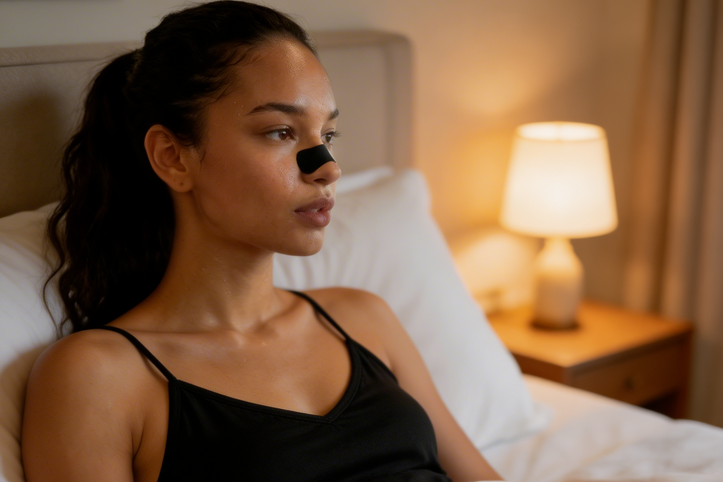 Woman wearing a black Neural Pump Nasal strips in bed with a nightstand lamp in the background
