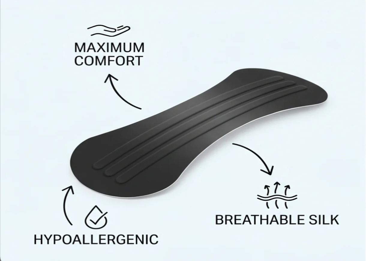 Black shoe insert with text indicating maximum comfort, breathable silk, and hypoallergenic properties on a white background.