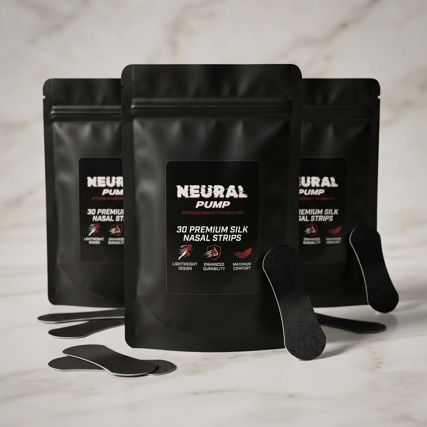 Three packages of Neural Pump silk nasal strips on a marble surface.
