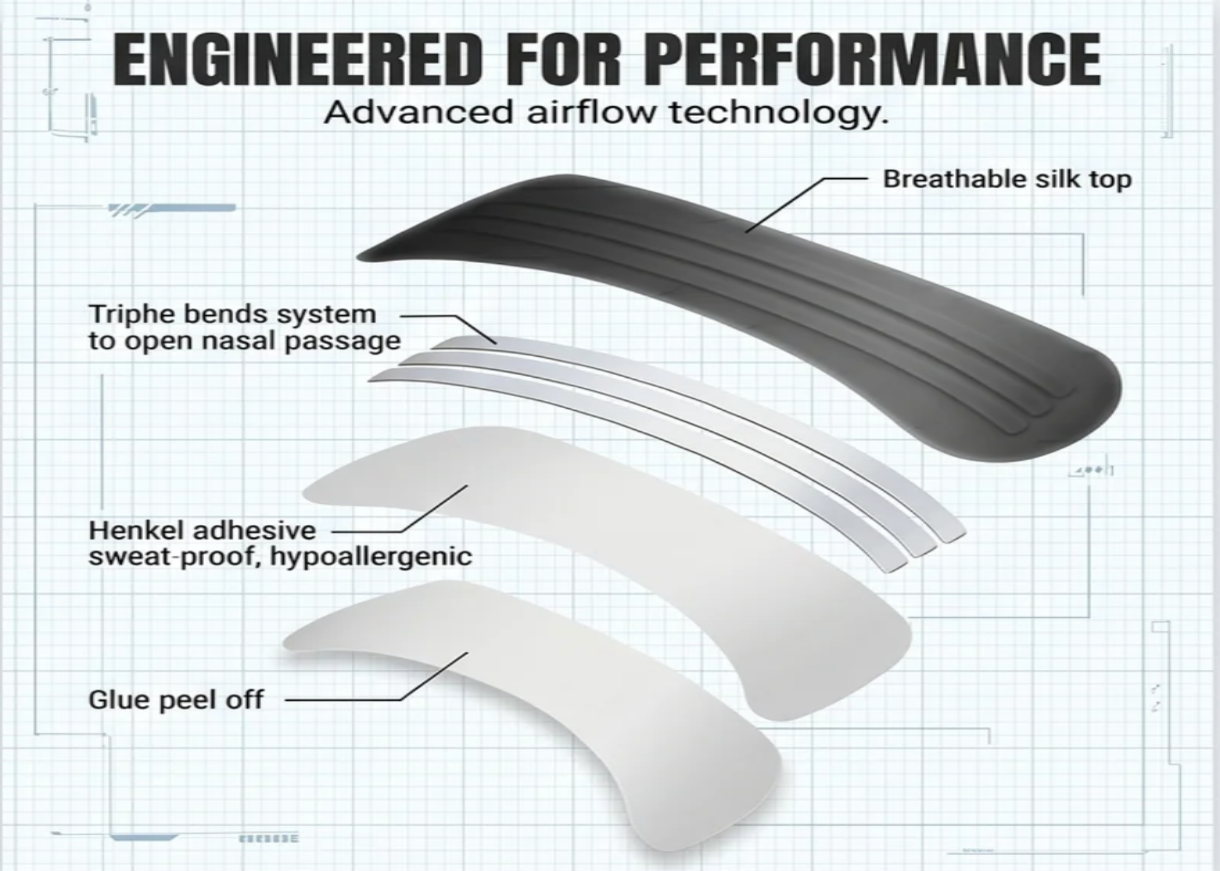 Nasal strip with labeled features on a technical diagram background